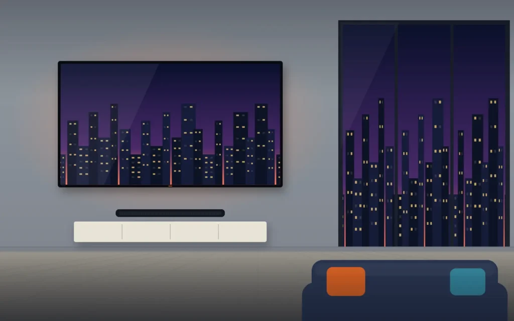 TV mounted on a concrete wall in a downtown condo