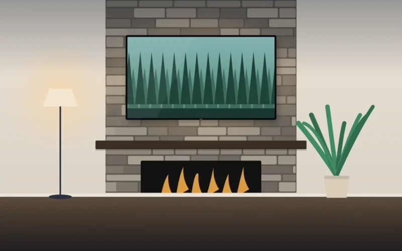 TV mounted above a stone fireplace with hidden cables