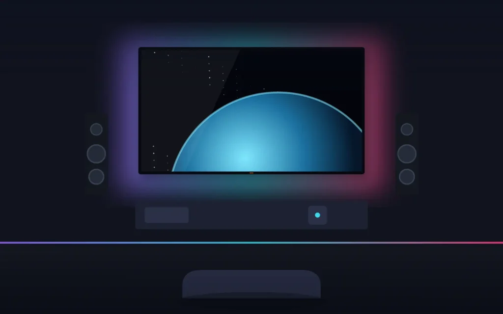 Gaming room with a wall-mounted TV, speakers and LED backlight