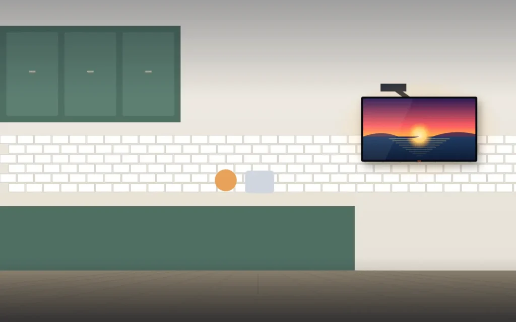 Small TV on a full-motion arm in an open kitchen