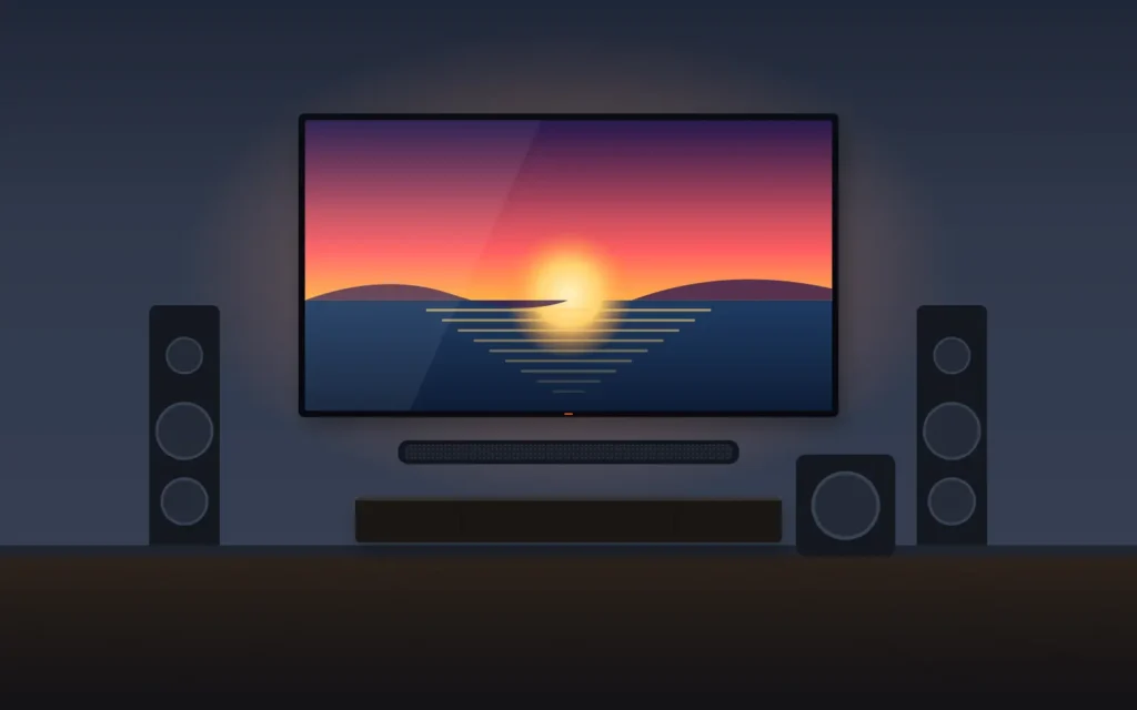 Wall-mounted TV with soundbar, tower speakers and subwoofer