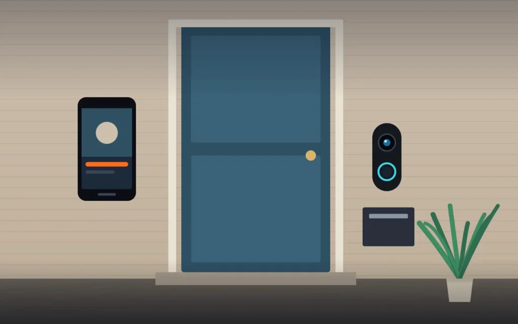 Smart video doorbell beside a front door with the live view on a phone